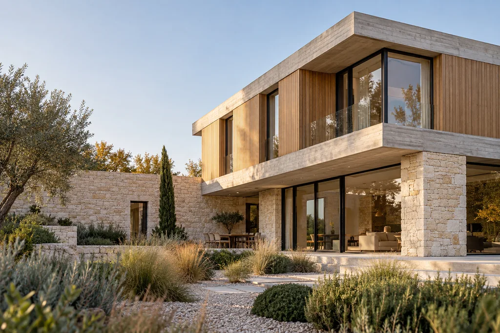 Inspiration architecturale : une maison contemporaine en pierre, béton et bois.